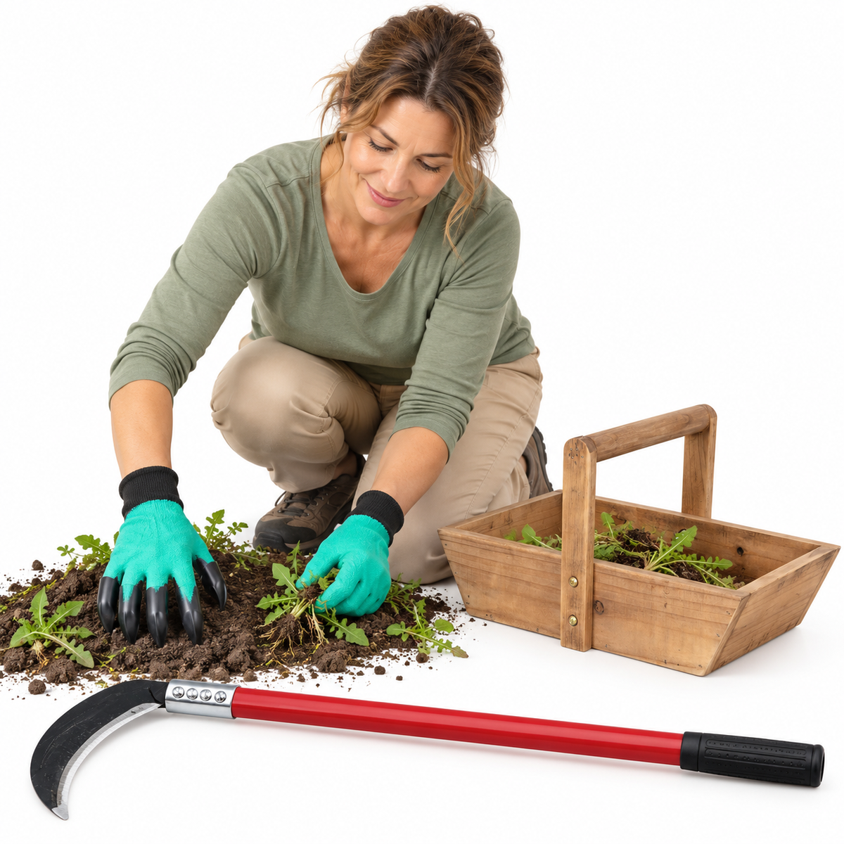 Garden Weeding Pack - Claw Gardening Gloves, Long Handle Sickle & Timber Trug Basket Set