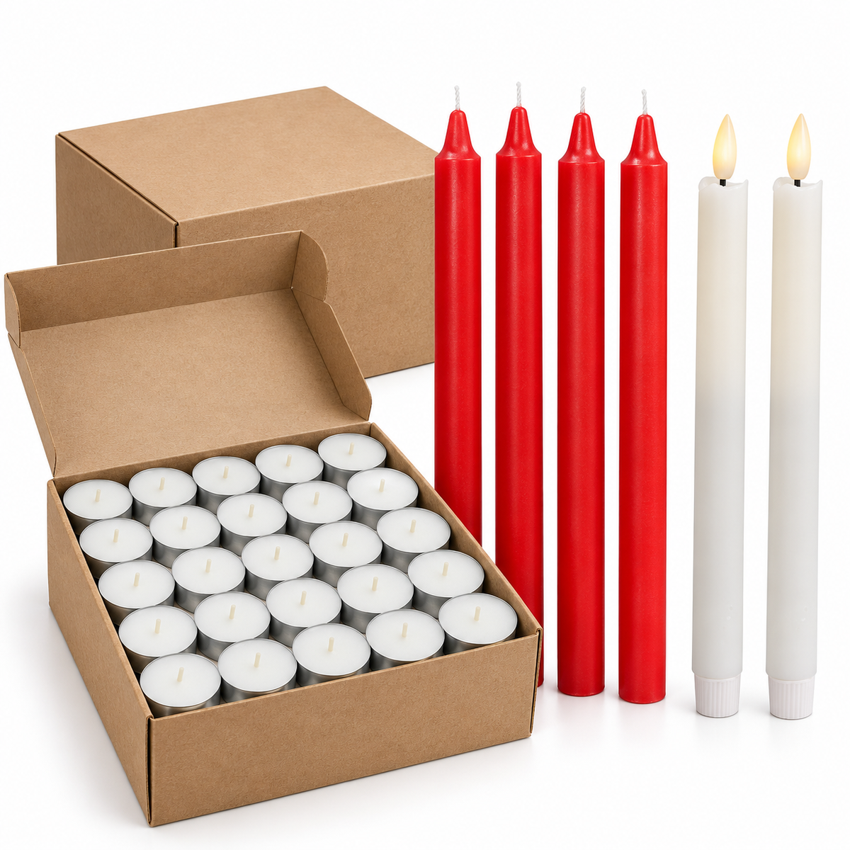 Christmas Candles Set - 200 Tealights, 4 Red Taper & 2 LED Taper (Festive Table Bundle)
