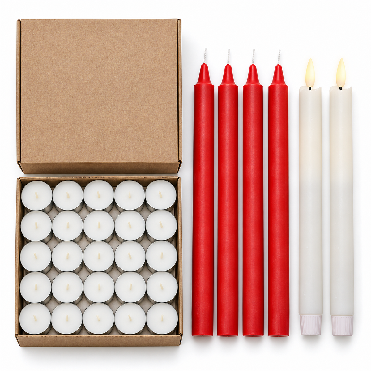 Christmas Candles Set - 200 Tealights, 4 Red Taper & 2 LED Taper (Festive Table Bundle)