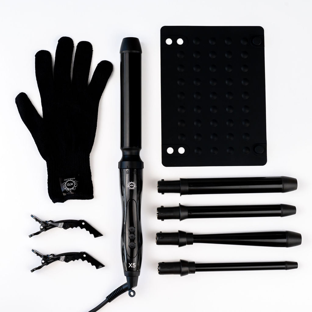 H2D X5 Professional Hair Curling Wand Styling Set with Mat, Glove & Clips - Black