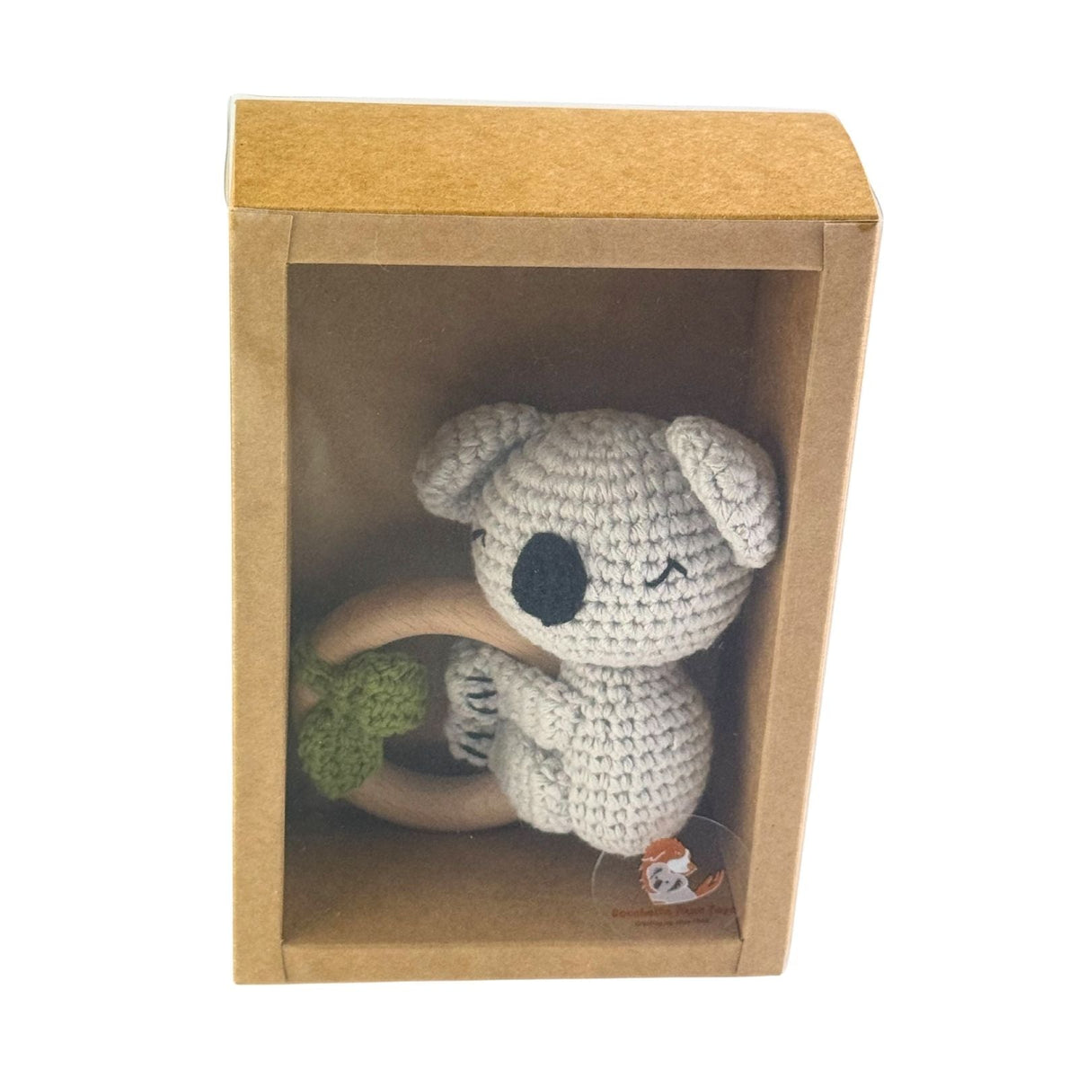 Bocchetta Koala Wooden Baby Teether Ring with Knitted Plush (Beechwood Teething Toy Baby Gift)