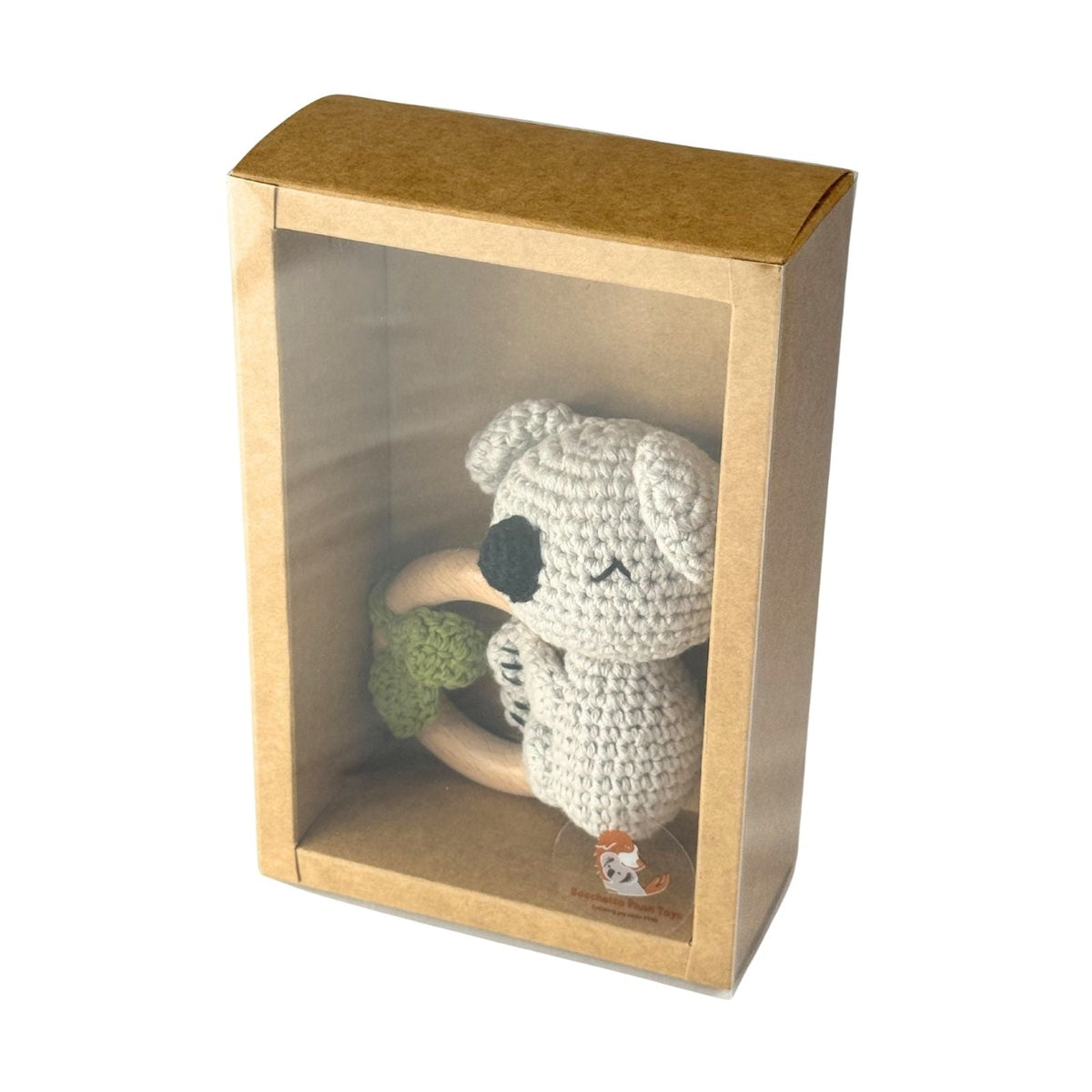 Bocchetta Koala Wooden Baby Teether Ring with Knitted Plush (Beechwood Teething Toy Baby Gift)