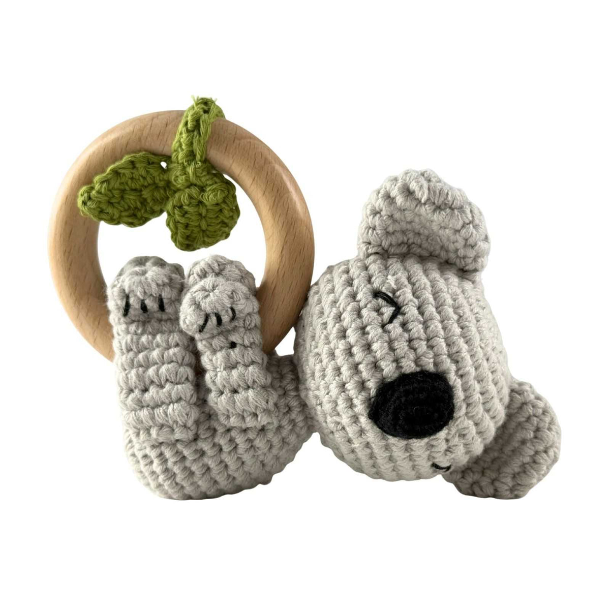 Bocchetta Koala Wooden Baby Teether Ring with Knitted Plush (Beechwood Teething Toy Baby Gift)