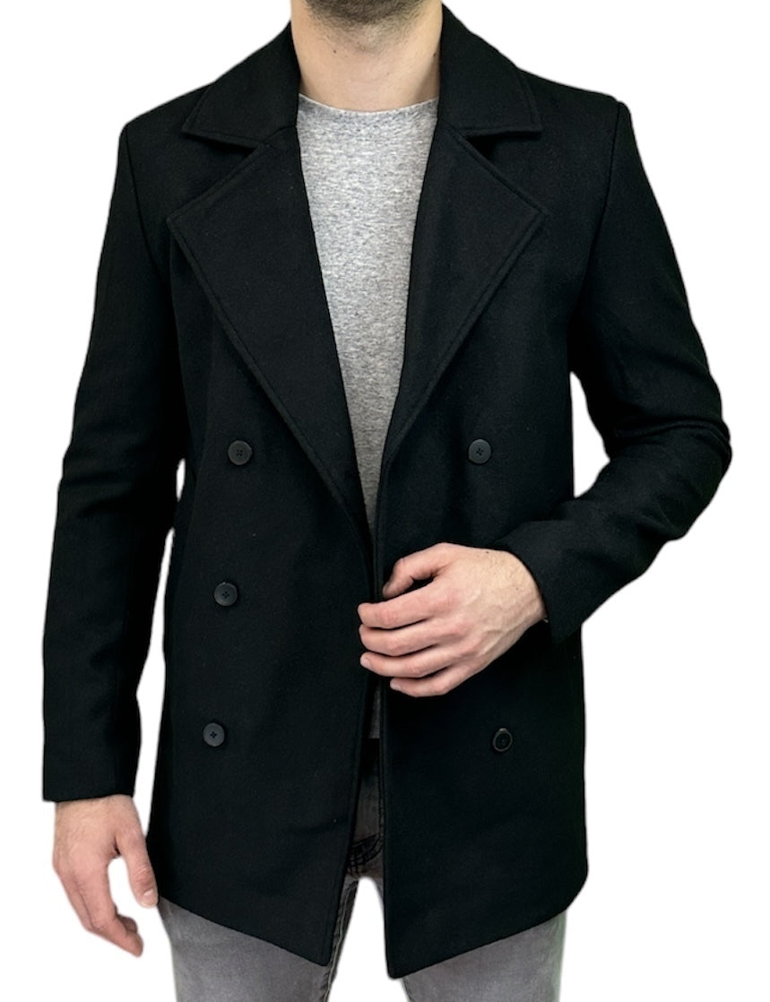 Essex Mens Peacoat Woolen Trench Coat Overcoat Long Jacket Melton - Black