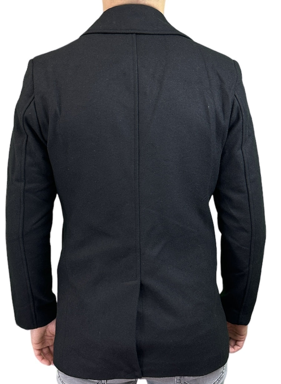 Essex Mens Peacoat Woolen Trench Coat Overcoat Long Jacket Melton - Black