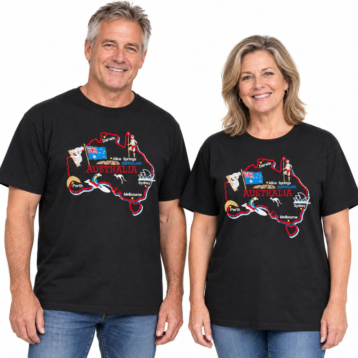 3x Adults Unisex Loose Fit Australia Map T-Shirt Pack - Black (100% Cotton Souvenir Gift)