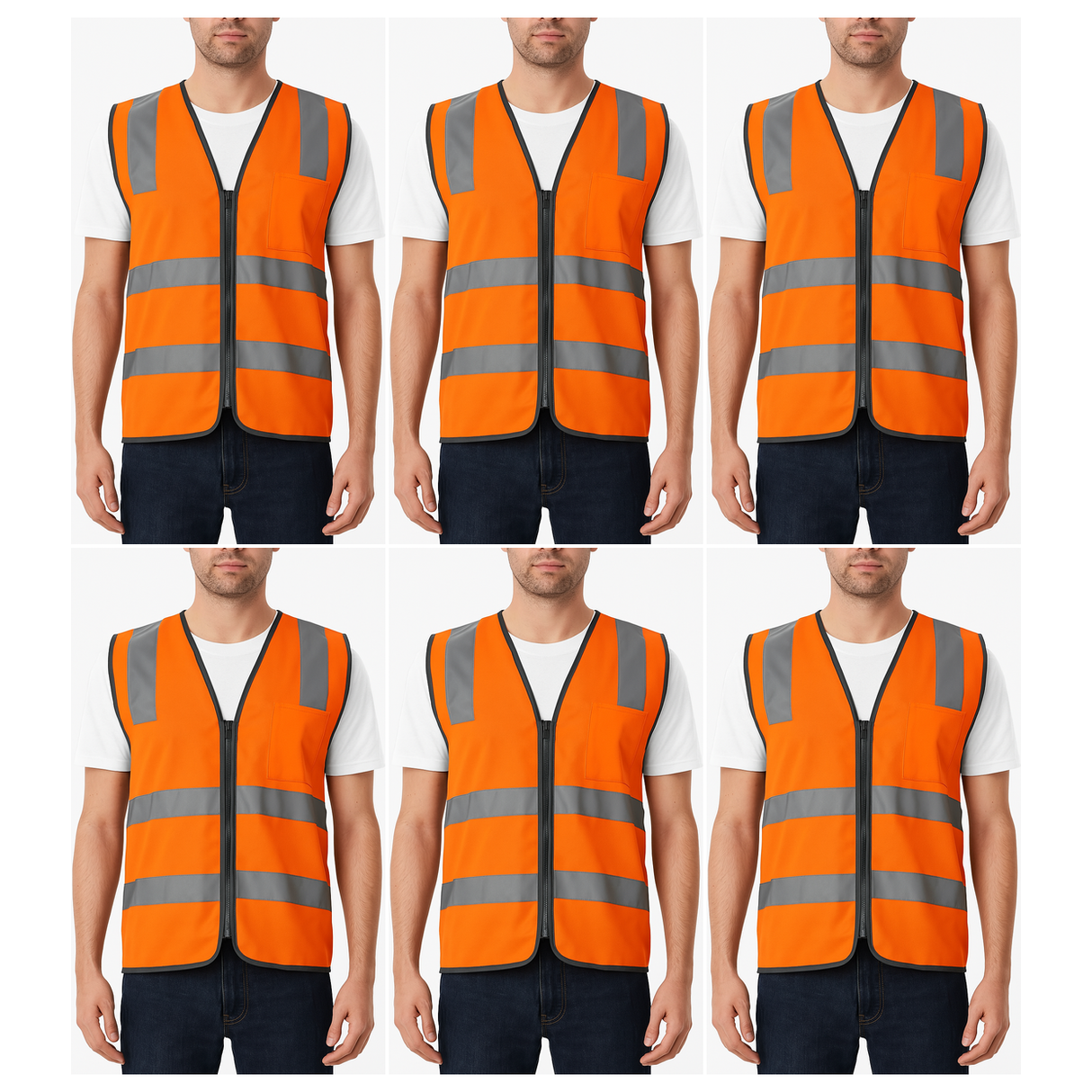 6x Orange Hi Vis Zip Up Safety Vest Bulk Pack - Reflective Tape Day/Night Workwear (One Size)