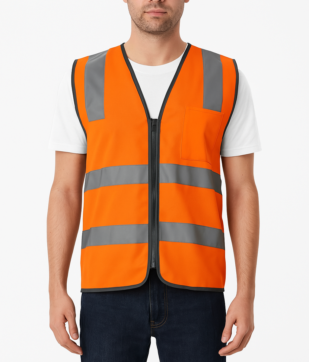 Hi Vis Safety Vest Reflective Tape Zip Up Workwear Pocket High Visibility in Orange
