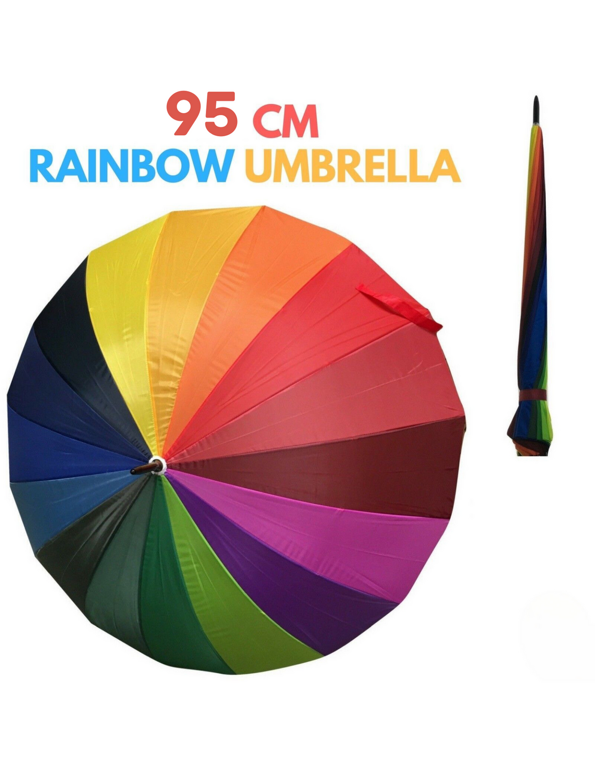 95cm Rainbow Umbrella - Colourful Parasol w/ Long Shaft