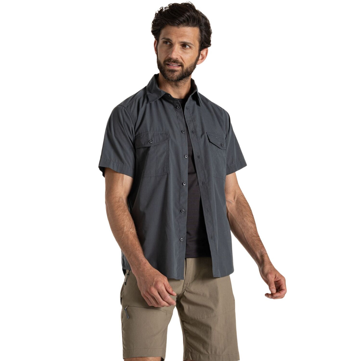Craghoppers Mens Kiwi Polycotton UPF50 Insect Defence Travel Short Sleeve Shirt in Dark Grey