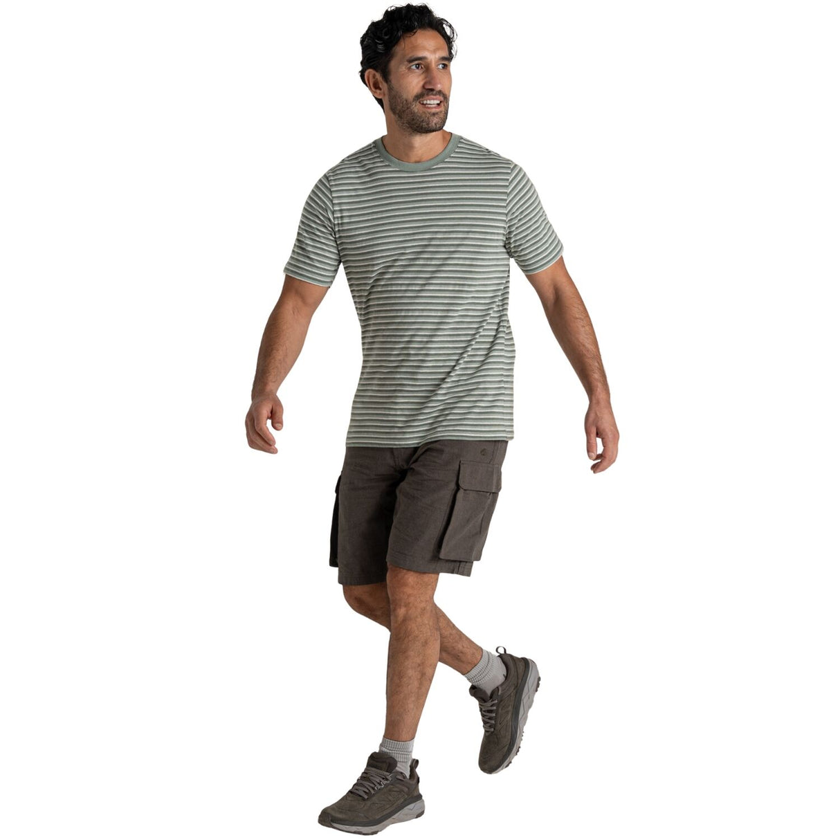 Craghoppers Mens Buffon Anti-Insect Organic Cotton Linen Blend Short Sleeve T-Shirt in Lichen Green Stripe