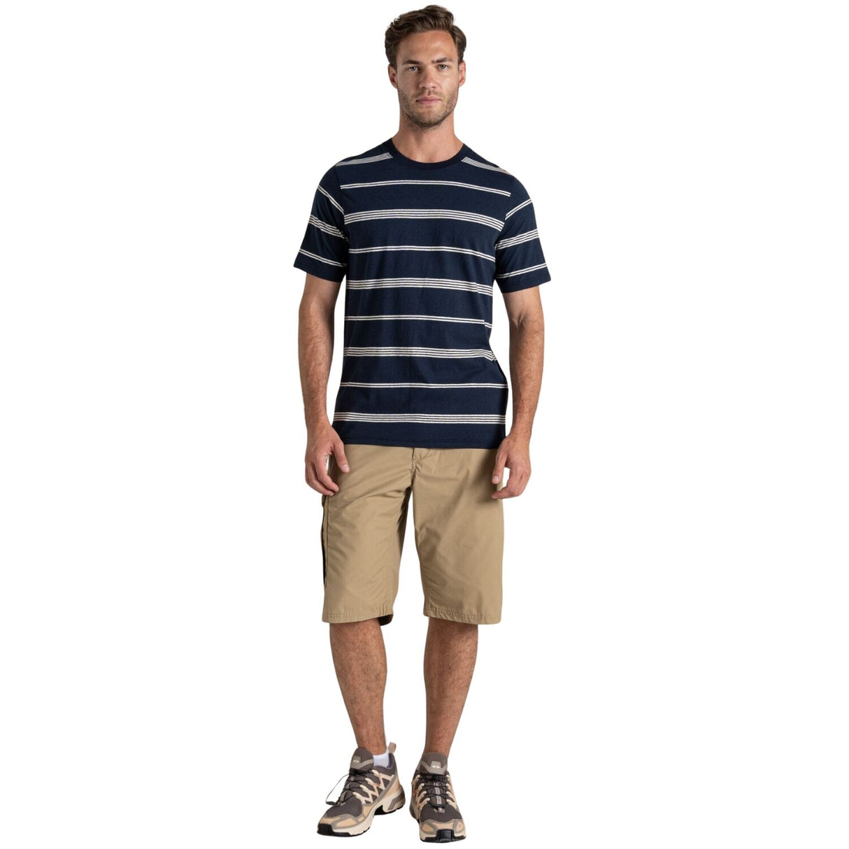 Craghoppers Mens Buffon Short Sleeve T-Shirt Organic Cotton Linen NosiBotanical Insect Repellent in Blue Navy Stripe