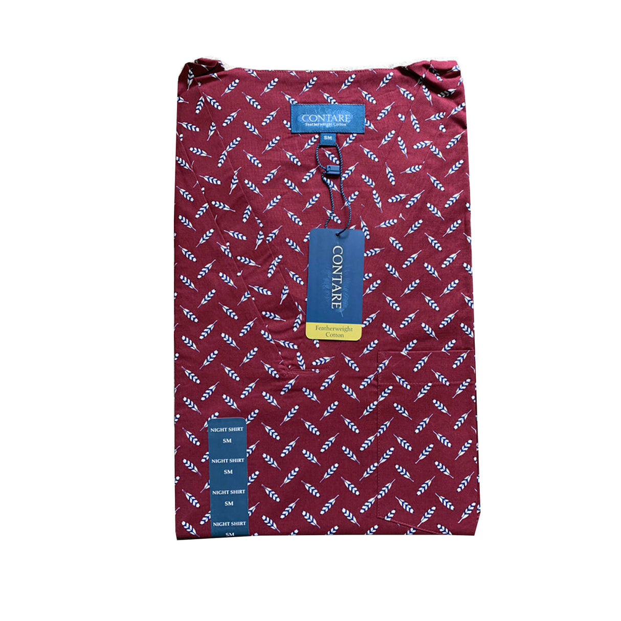 Contare V-Neck Mens Night Shirt - 100% Cotton Nightie Gown in Red - Small