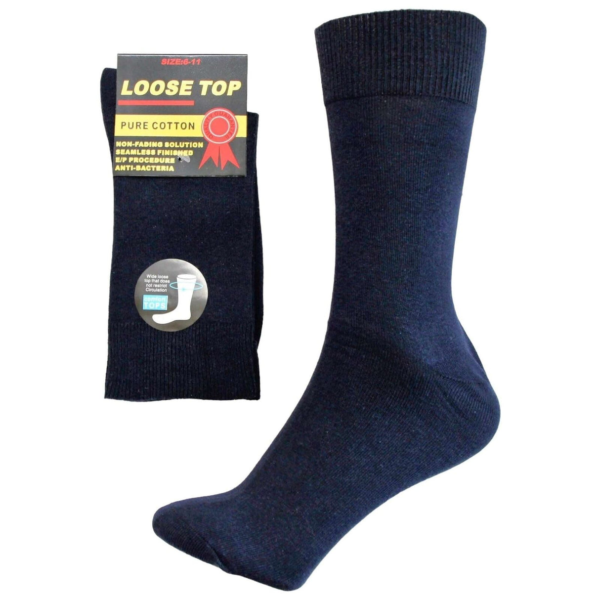 1x Pair Navy Blue Cotton Rich Loose Top Socks (Comfort Diabetic Circulation)