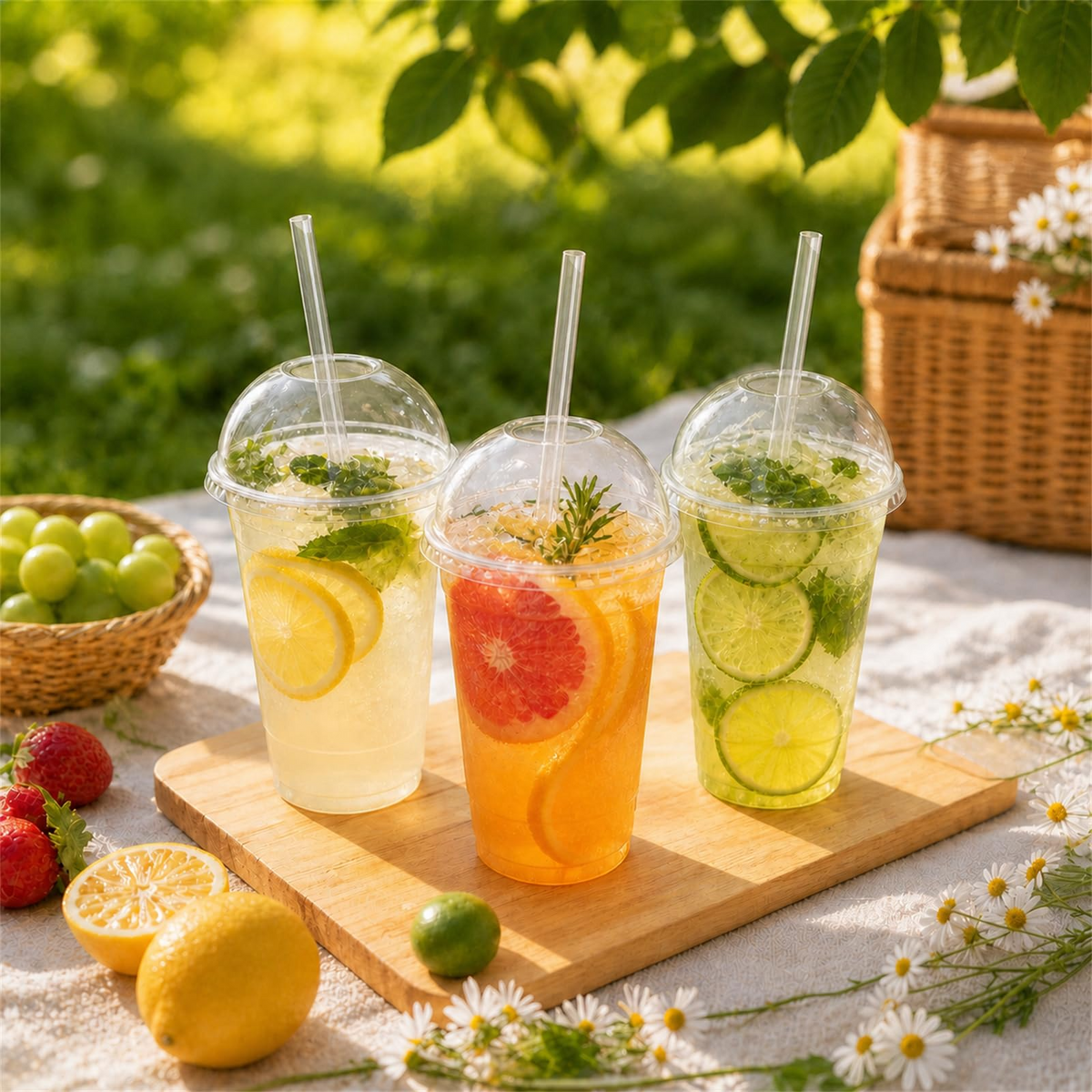 300x 24oz (710ml) Premium Plastic Clear Cups w/ Dome Lid (Smoothies, Juices, Coffee)