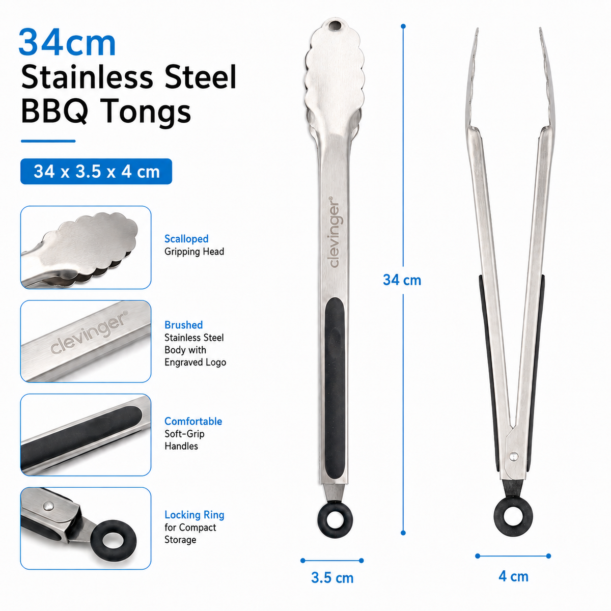 34cm Stainless Steel BBQ Tongs (Heavy Duty)