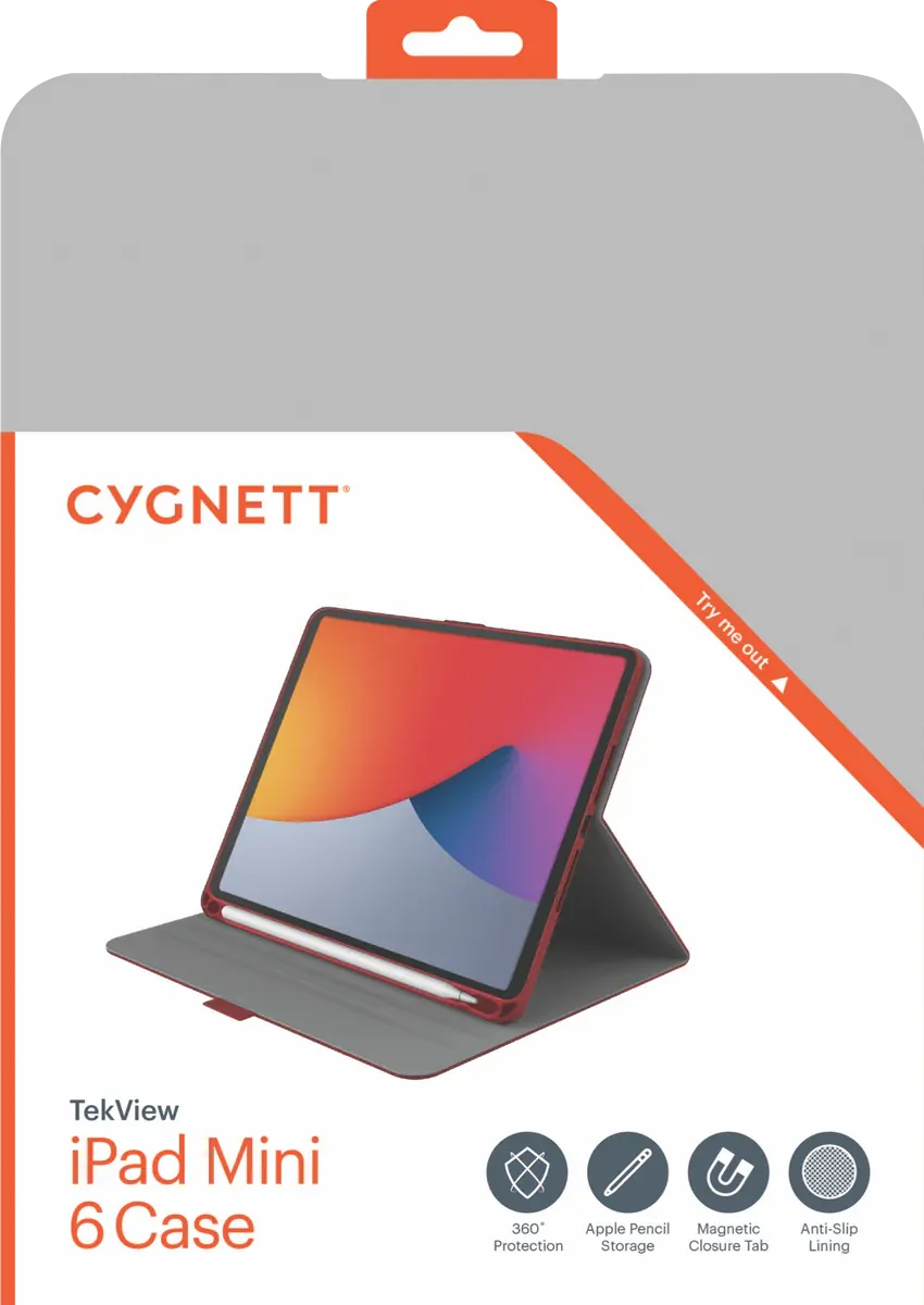 Cygnett TekView Folio Case for iPad Mini 6 - Red (Pencil Holder, 360° Protection)