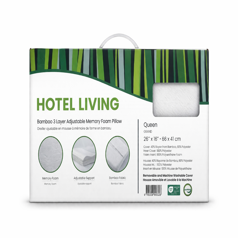 Hotel Living Bamboo 3 Layer Adjustable Memory Foam Pillow - White (Queen, 66 x 41cm)