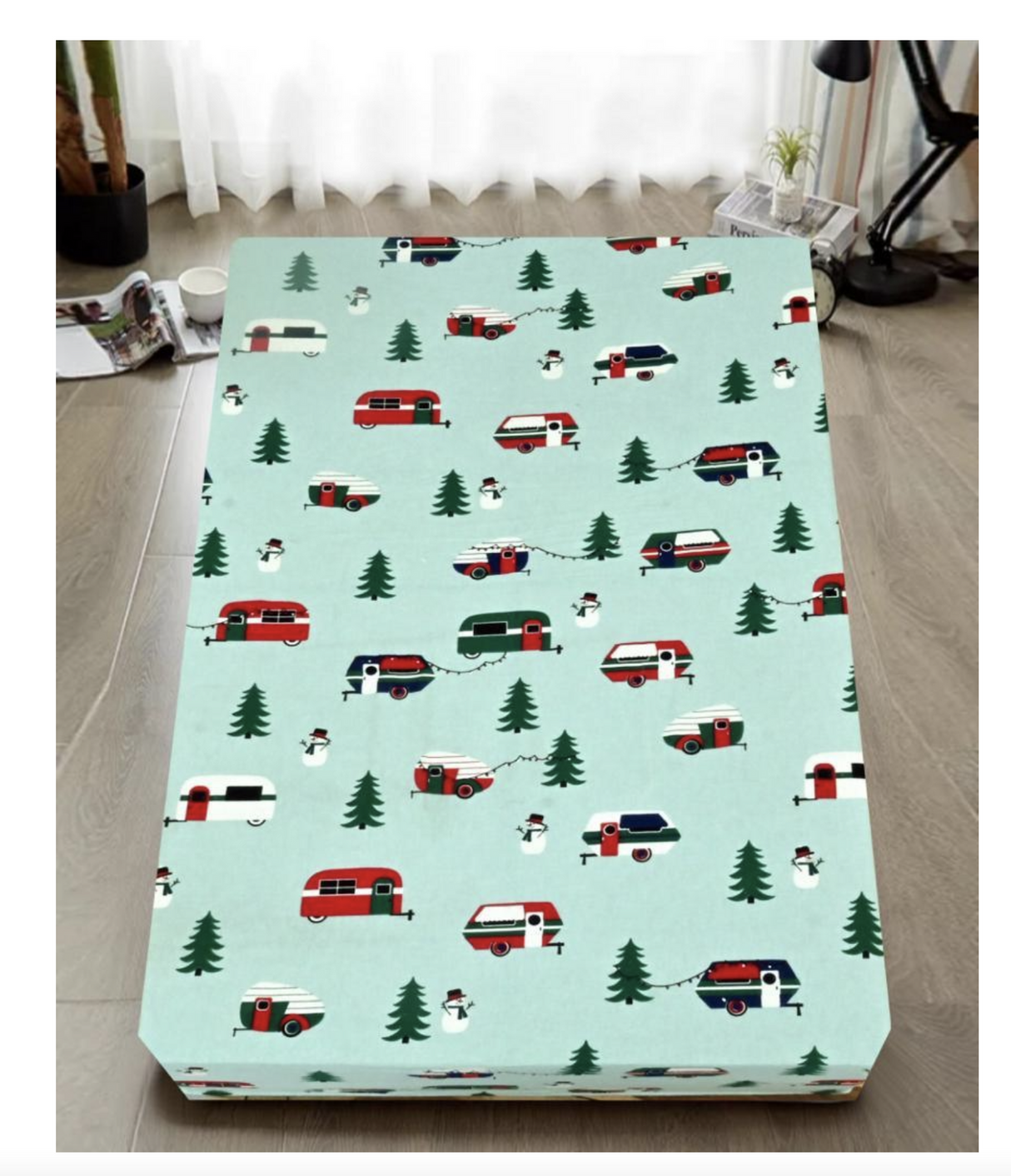 Queen Luxury 100% Cotton Flannelette Fitted Bed Sheet Flannel - Trees/Caravan