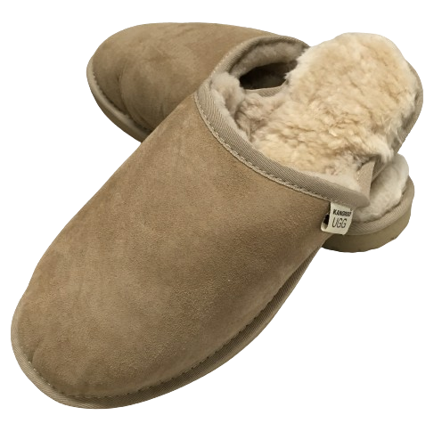 Mens Australian Merino Wool Sheepskin Slippers - Sand (100% Slip-On Scuffs for Winter)