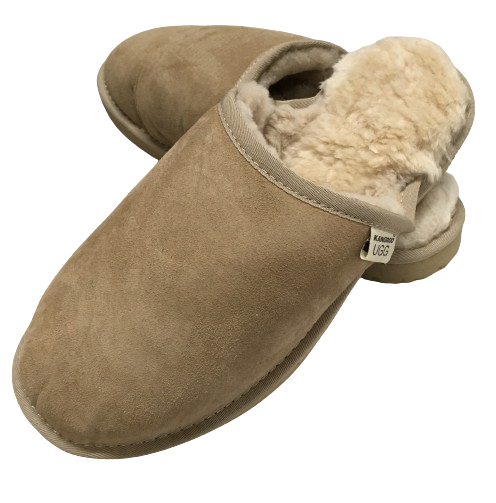 Mens Australian Merino Wool Sheepskin Slippers - Sand (100% Slip-On Scuffs for Winter)