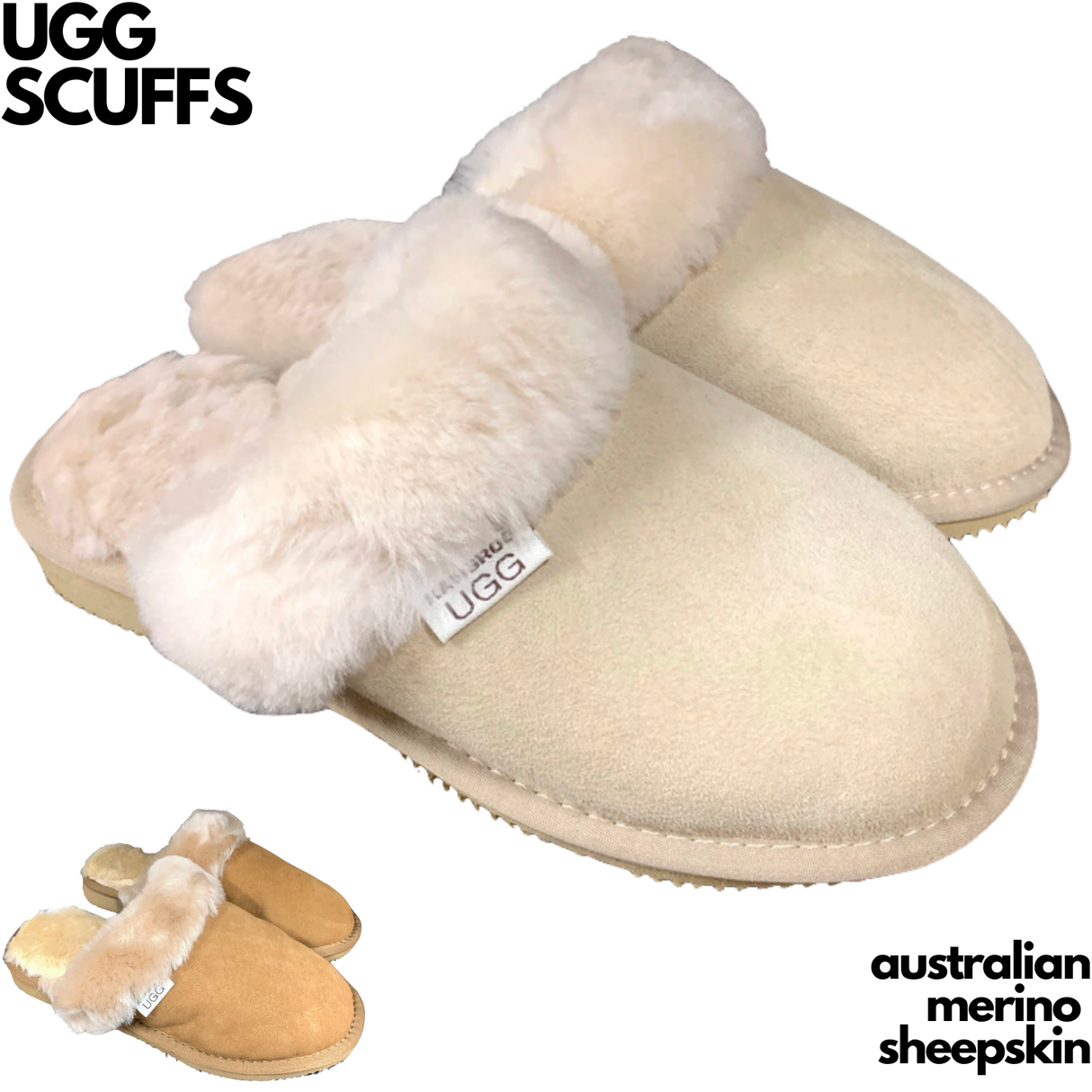 100% Australian Merino Sheepskin Scuffs Moccasins Slippers Winter Slip On UGG - Womens - Sand