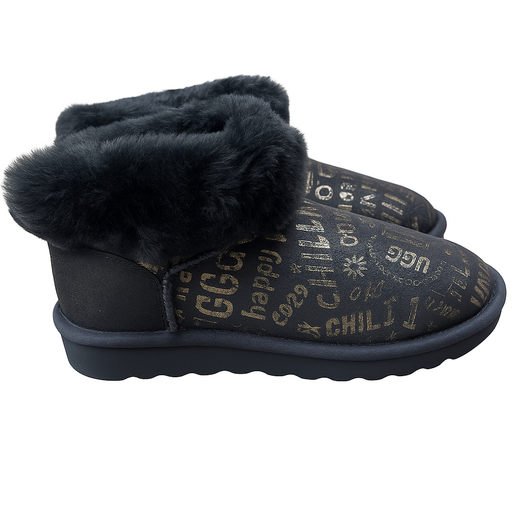 Womens Australian Sheepskin Wool Fur Mini UGG Ankle Boots in Gold Black