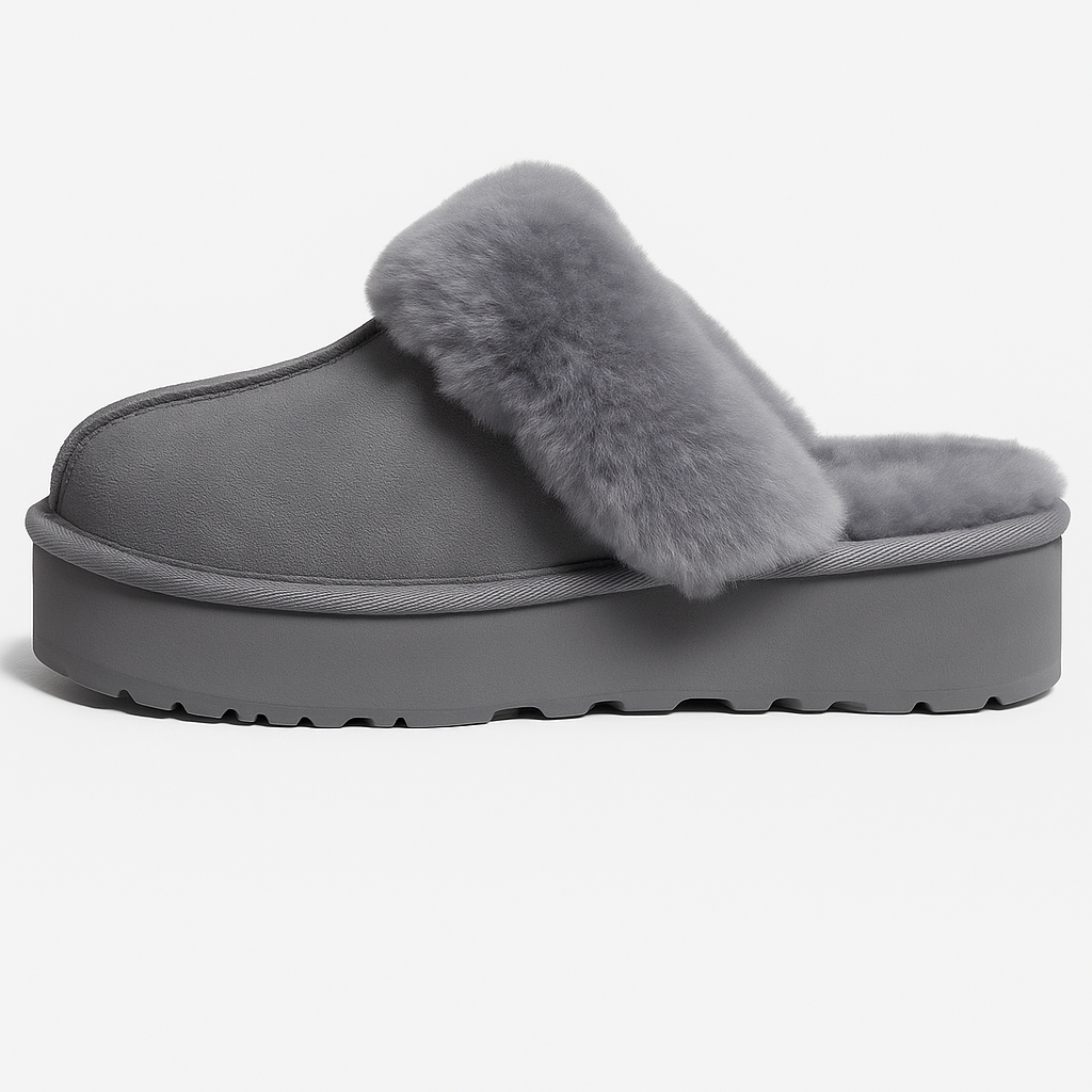 100% Australian Merino Sheepskin Womens Platform Slip On Scuffs - UGG Slippers in Grey