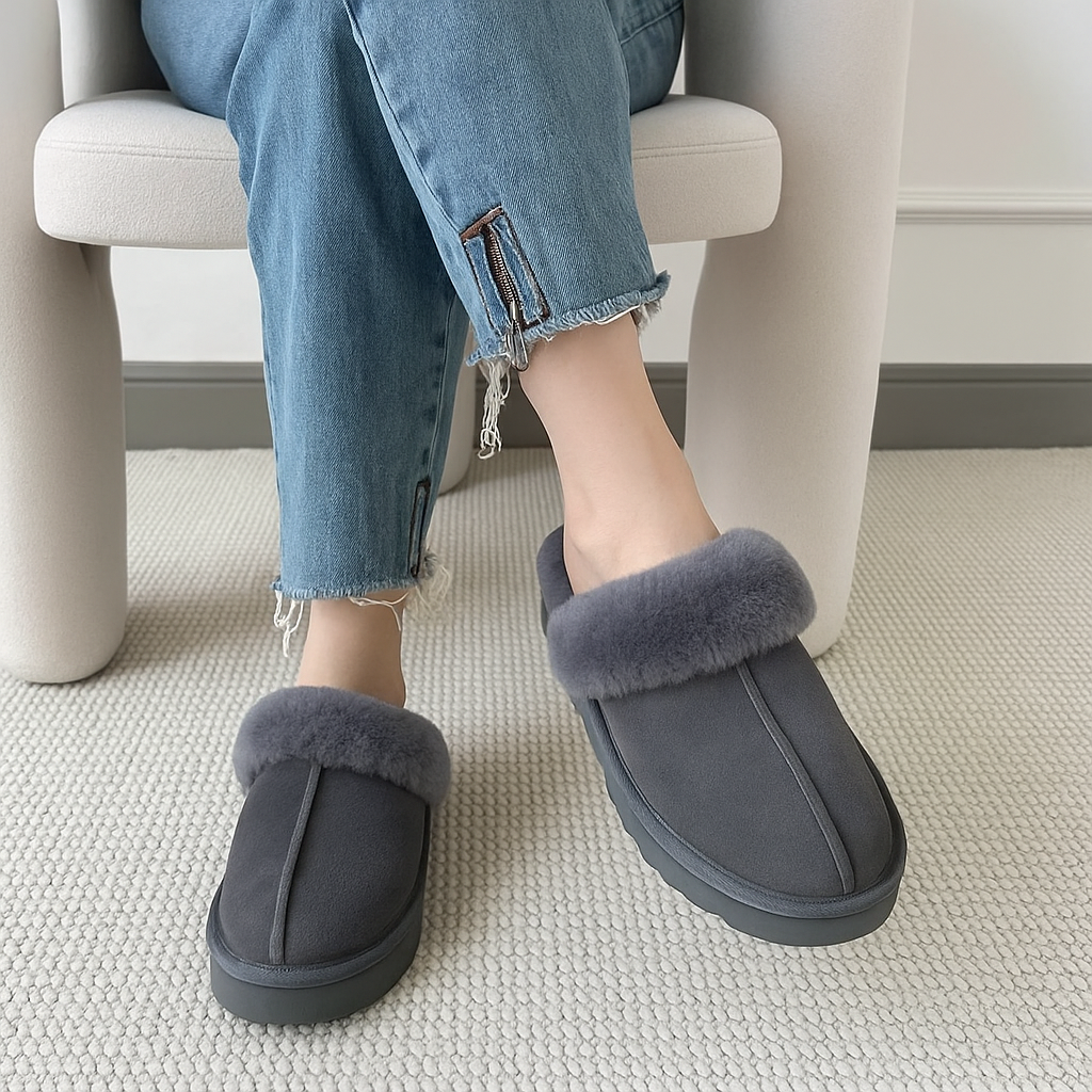 100% Australian Merino Sheepskin Womens Platform Slip On Scuffs - UGG Slippers in Grey