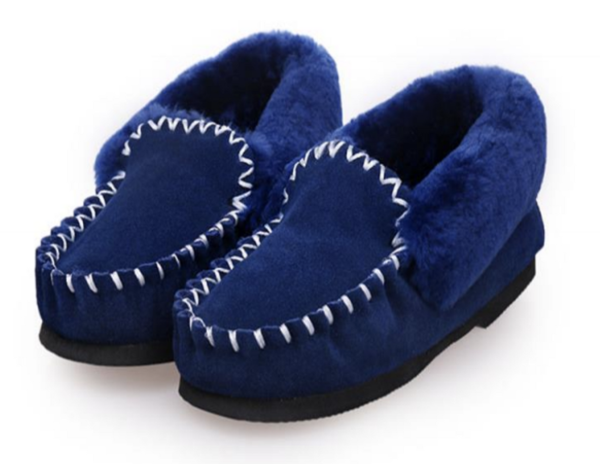 100% Australian Merino Sheepskin Moccasins Slippers Winter Casual Genuine Slip On UGG - Blue