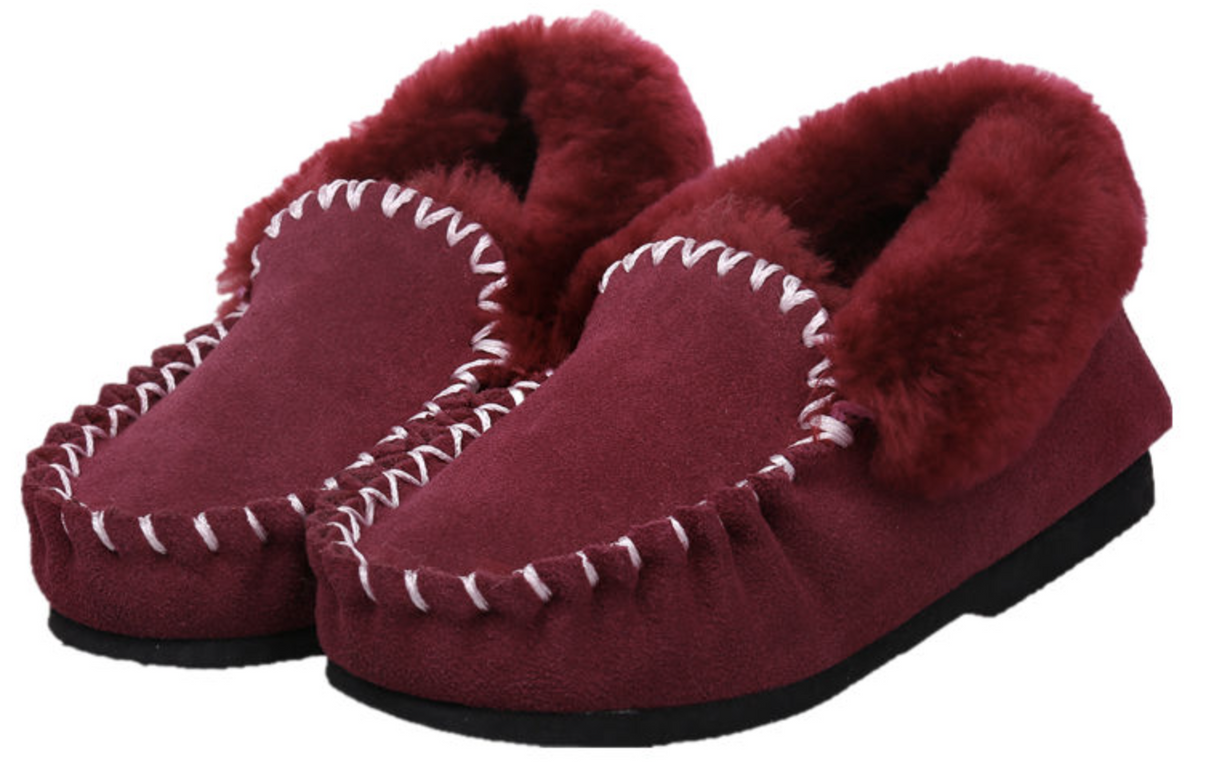 100% Australian Merino Sheepskin Moccasins Slippers Winter Casual Genuine Slip On UGG - Burgundy