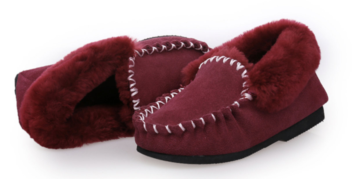 100% Australian Merino Sheepskin Moccasins Slippers Winter Casual Genuine Slip On UGG - Burgundy