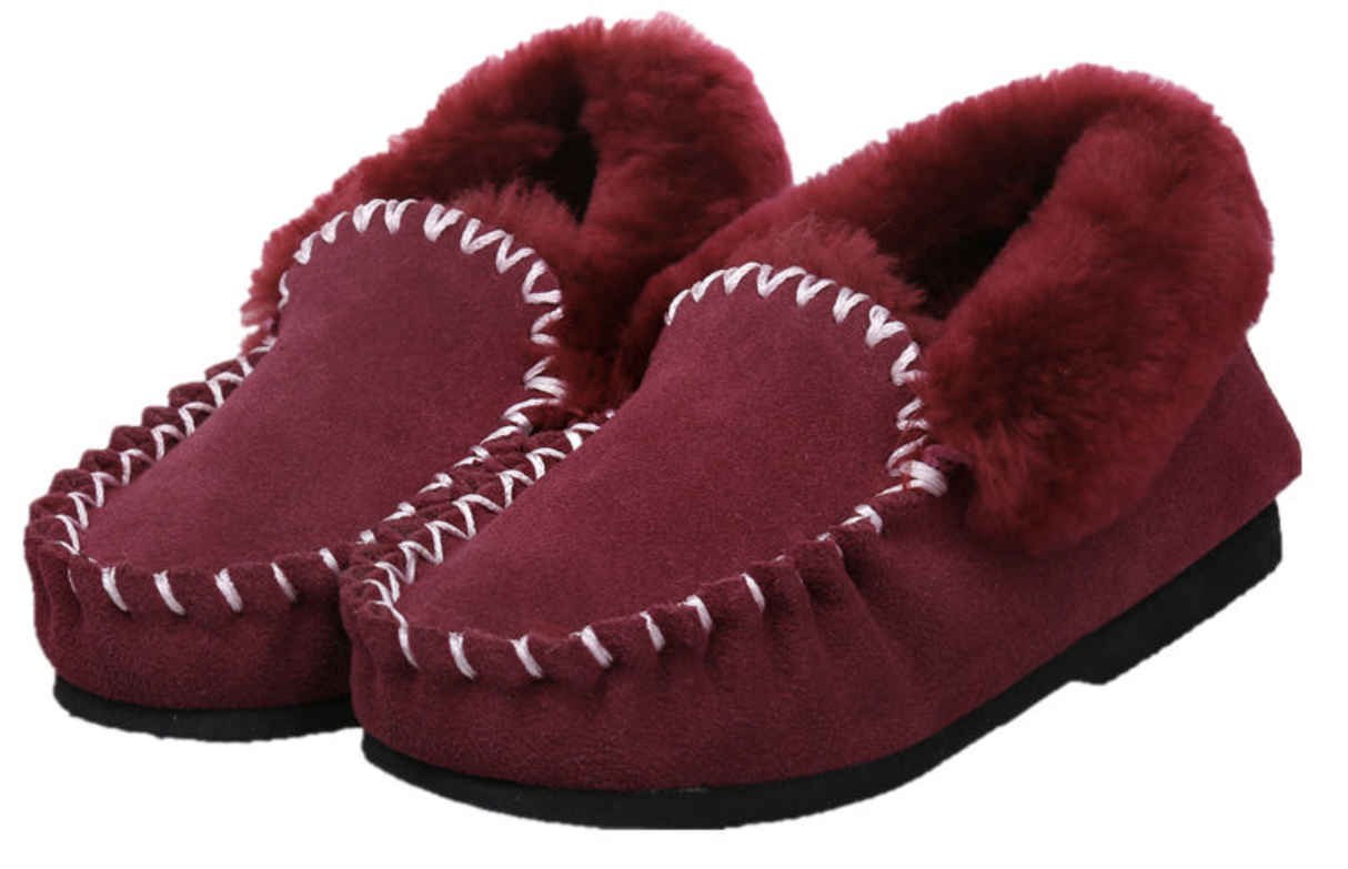100% Australian Merino Sheepskin Moccasins Slippers Winter Casual Genuine Slip On UGG - Burgundy