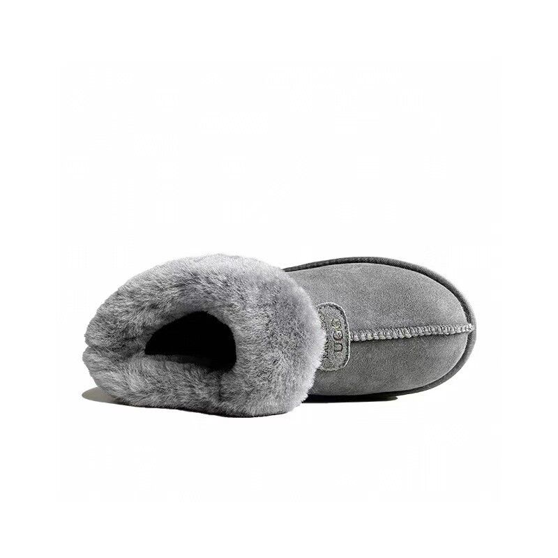 Womens 100% Australian Sheepskin Merino Wool Platform Closed Slippers - Grey