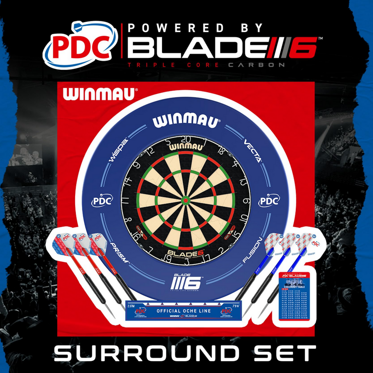 Winmau PDS Set Blade 6 Dart Board + Blue Dartboard Surround + Darts + Oche line