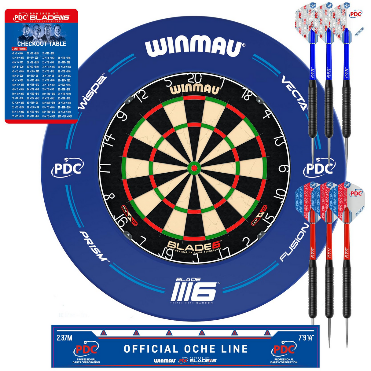 Winmau PDS Set Blade 6 Dart Board + Blue Dartboard Surround + Darts + Oche line
