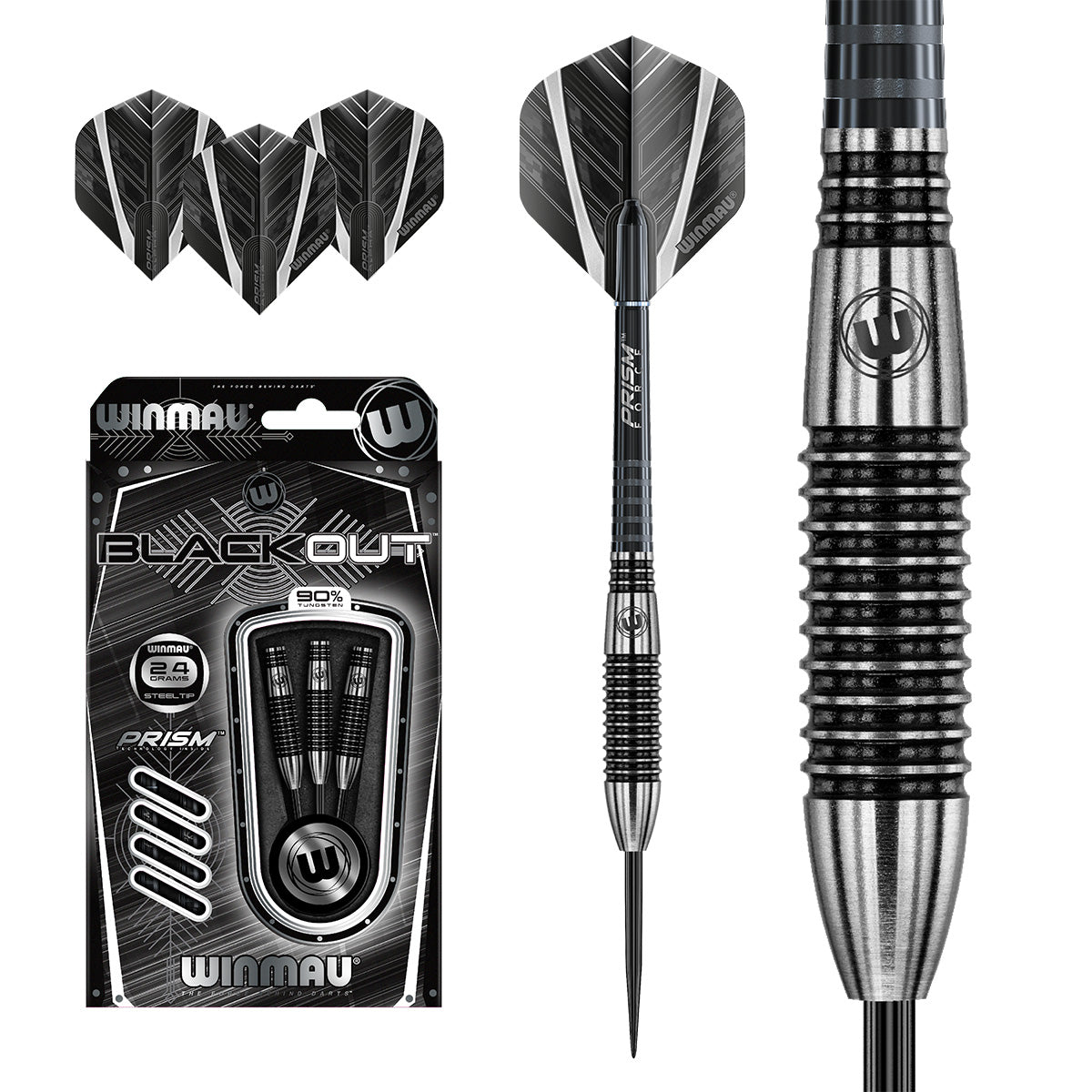 Winmau Blackout 90% Tungsten Steel Tip Darts in Bomb Barrel 24 Grams