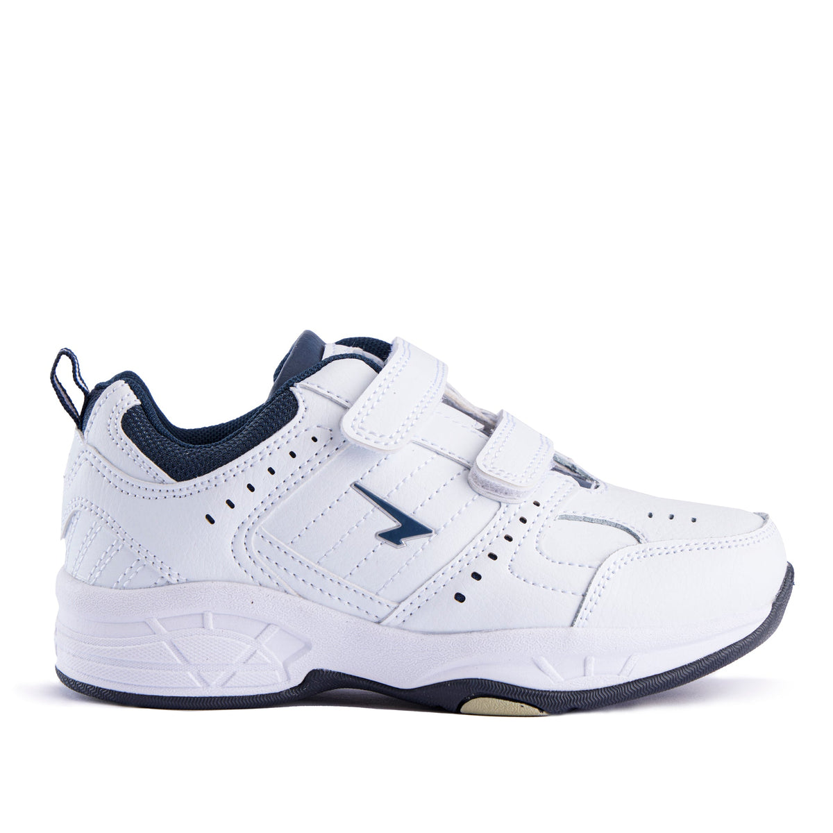 Sfida Defy Junior Kids Leather V Strap Sneakers - White/Navy (Cross Trainer Shoes)
