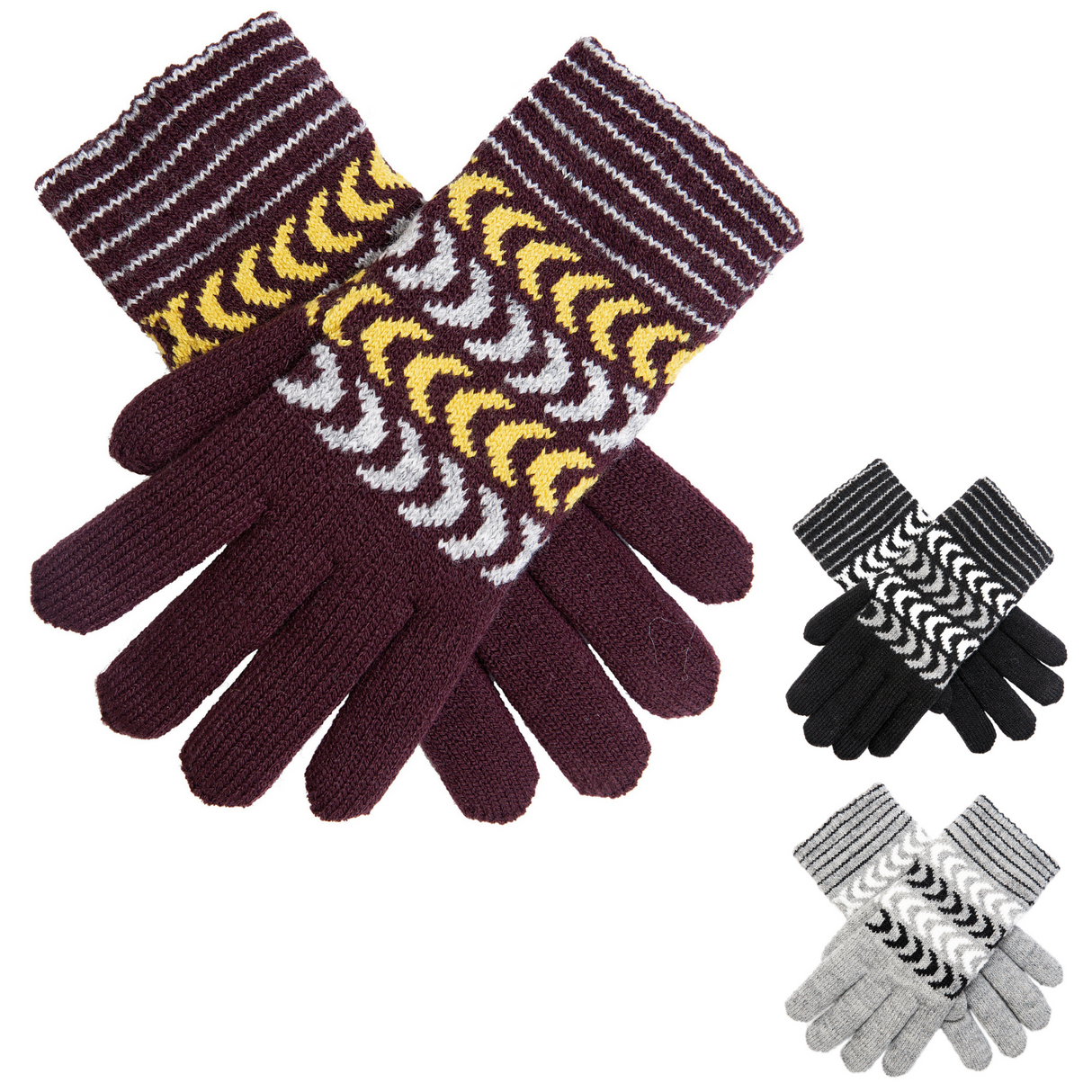 DENTS Ladies Womens Gloves Fleece Lined Warm Chevron Winter Ski - Plum/Grey/Ochre