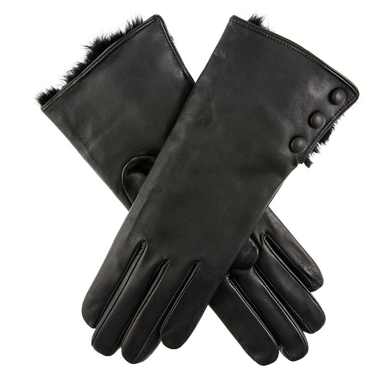 DENTS Sophie Womens Leather Gloves w Rabbit Fur Cuffs Wool Lined Ladies - Black
