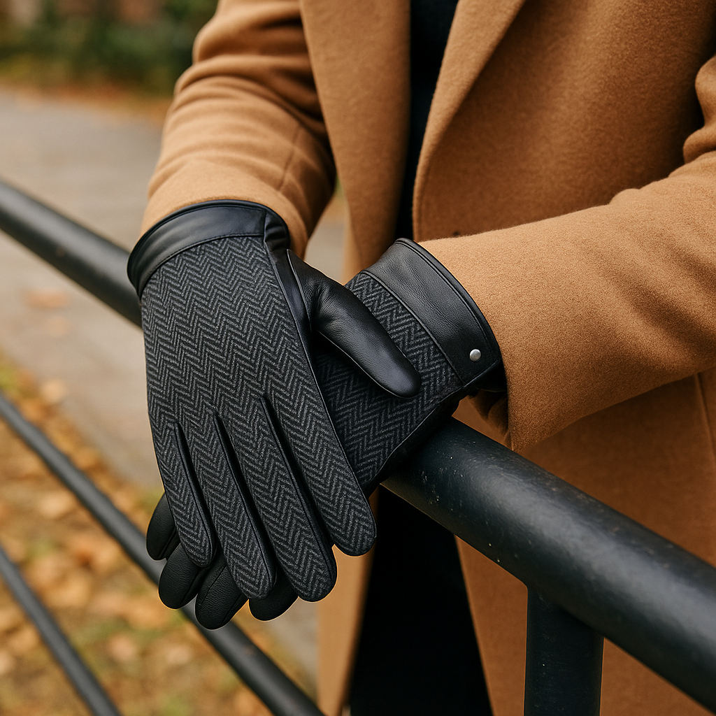 Dents Mens Leather Herringbone Wool Gloves - Black (Fleece Lined)