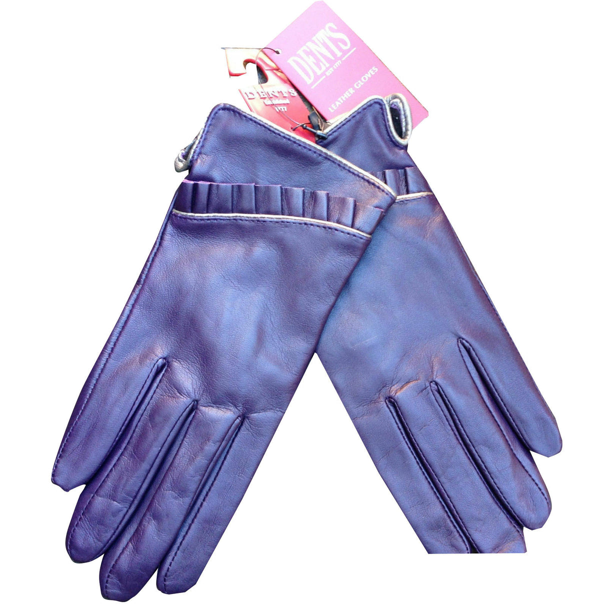 DENTS Ladies Sheepskin Lined Ruffle Piping Gloves Driving LL1017 Purple Cognac