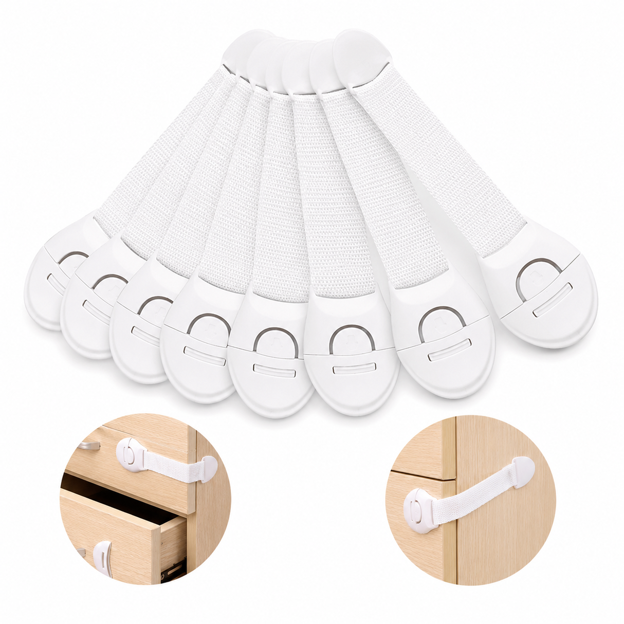 10x Kids Child-Safe Cabinet/Drawer Latch Locks No-Drill Adhesive Straps in White