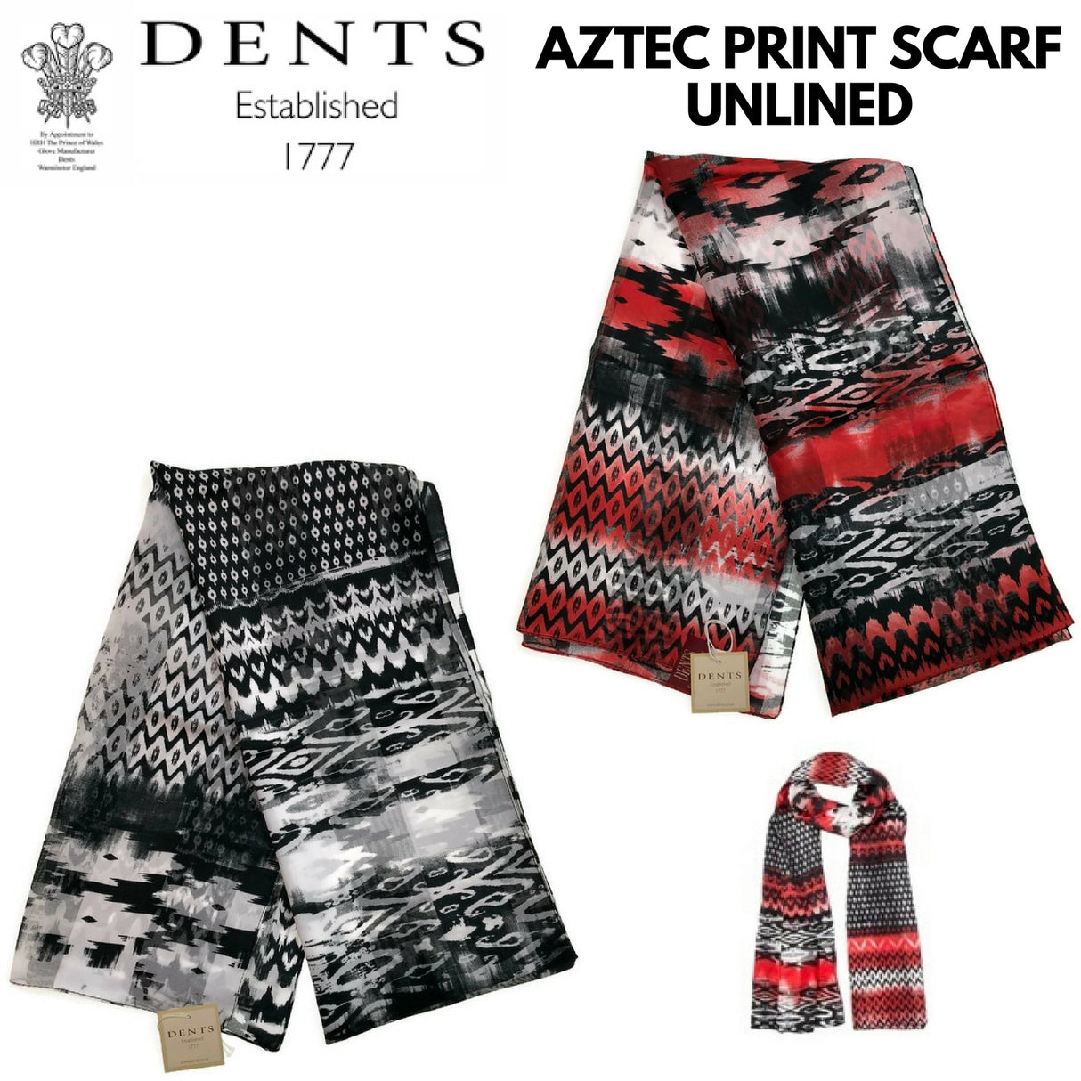 DENTS Monotone Aztec Print Scarf Ladies Womens MADE IN ITALY Unlined Fine - Black