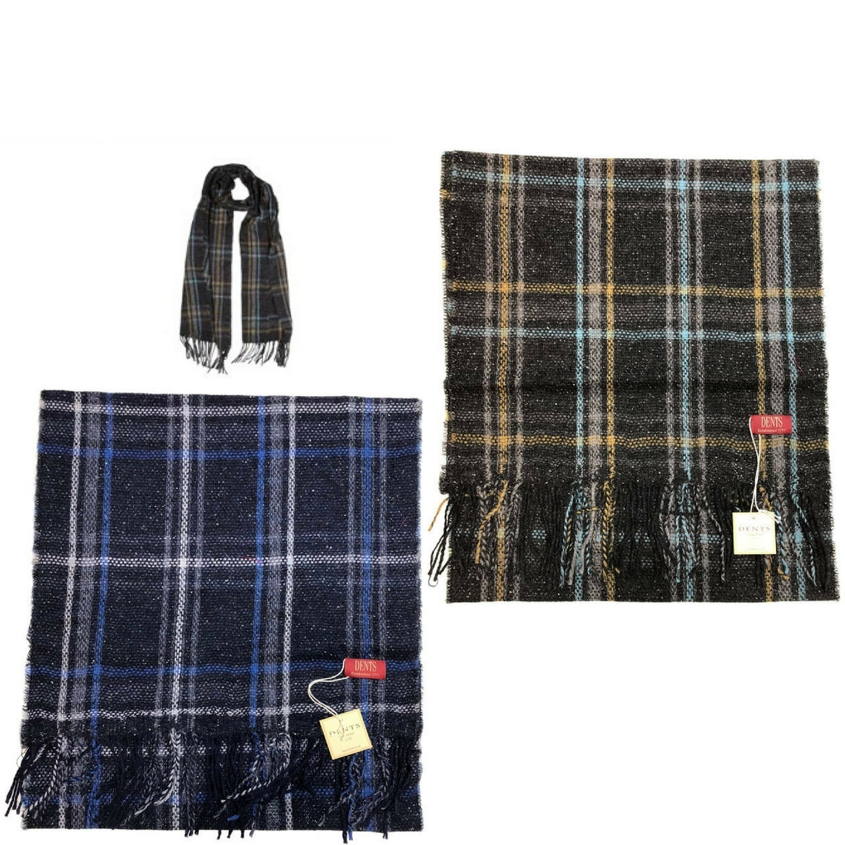 DENTS Woven Checked Scarf w Fringed Edges Wool Blend MADE IN ITALY - Charcoal