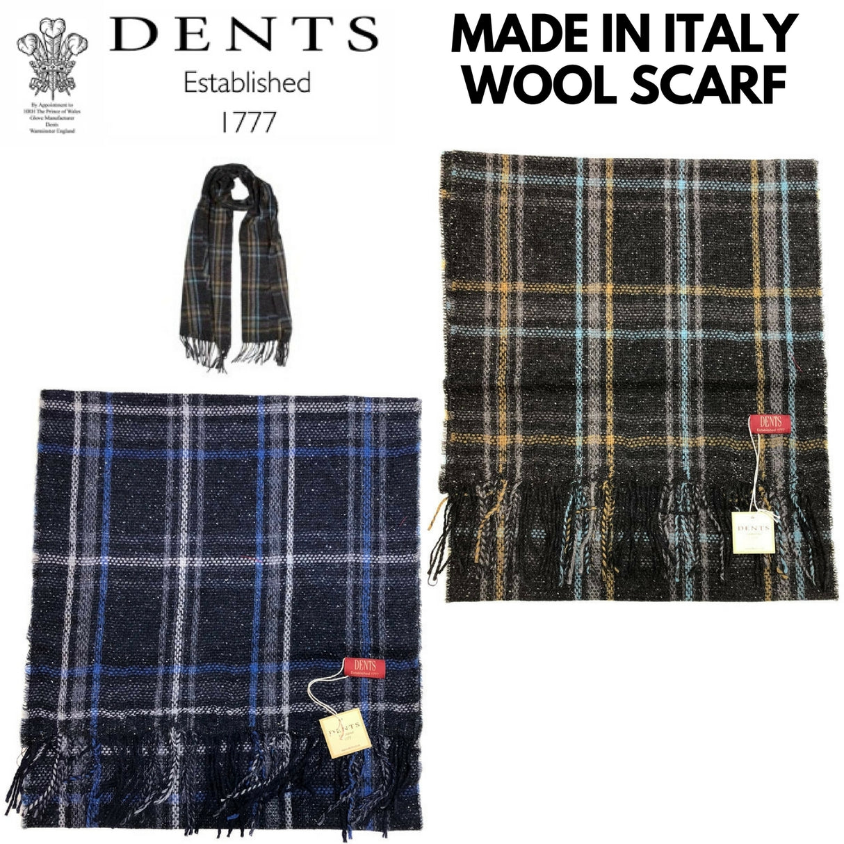 DENTS Woven Checked Scarf w Fringed Edges Wool Blend MADE IN ITALY - Navy