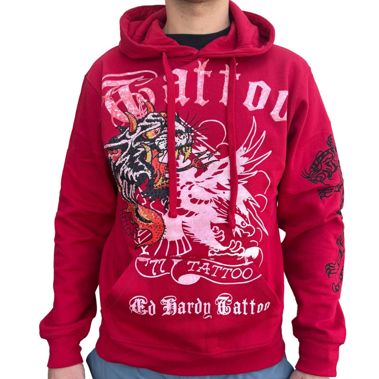 Ed Hardy Mens Hoodie Jumper - Tiger Skull - Red