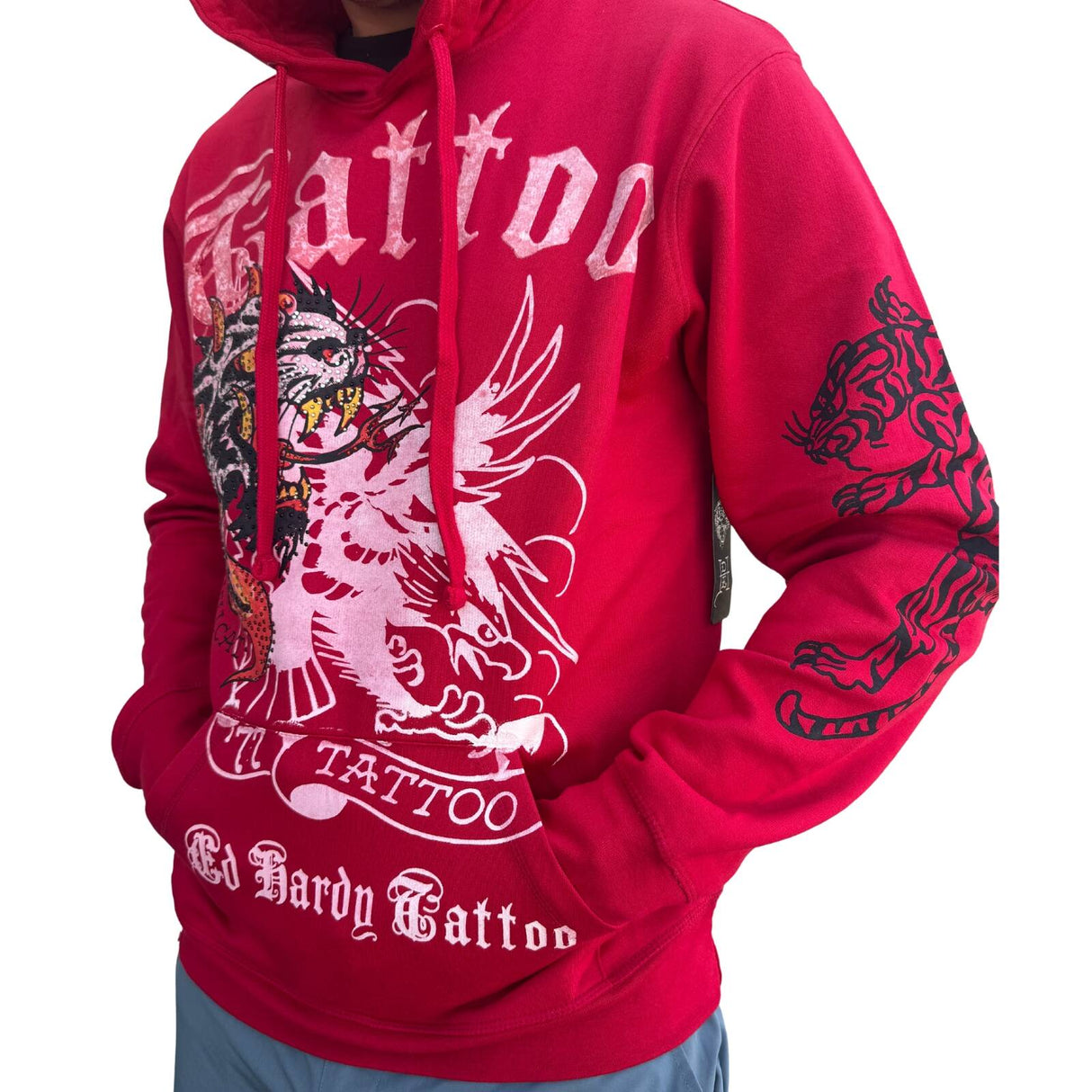 Ed Hardy Mens Hoodie Jumper - Tiger Skull - Red