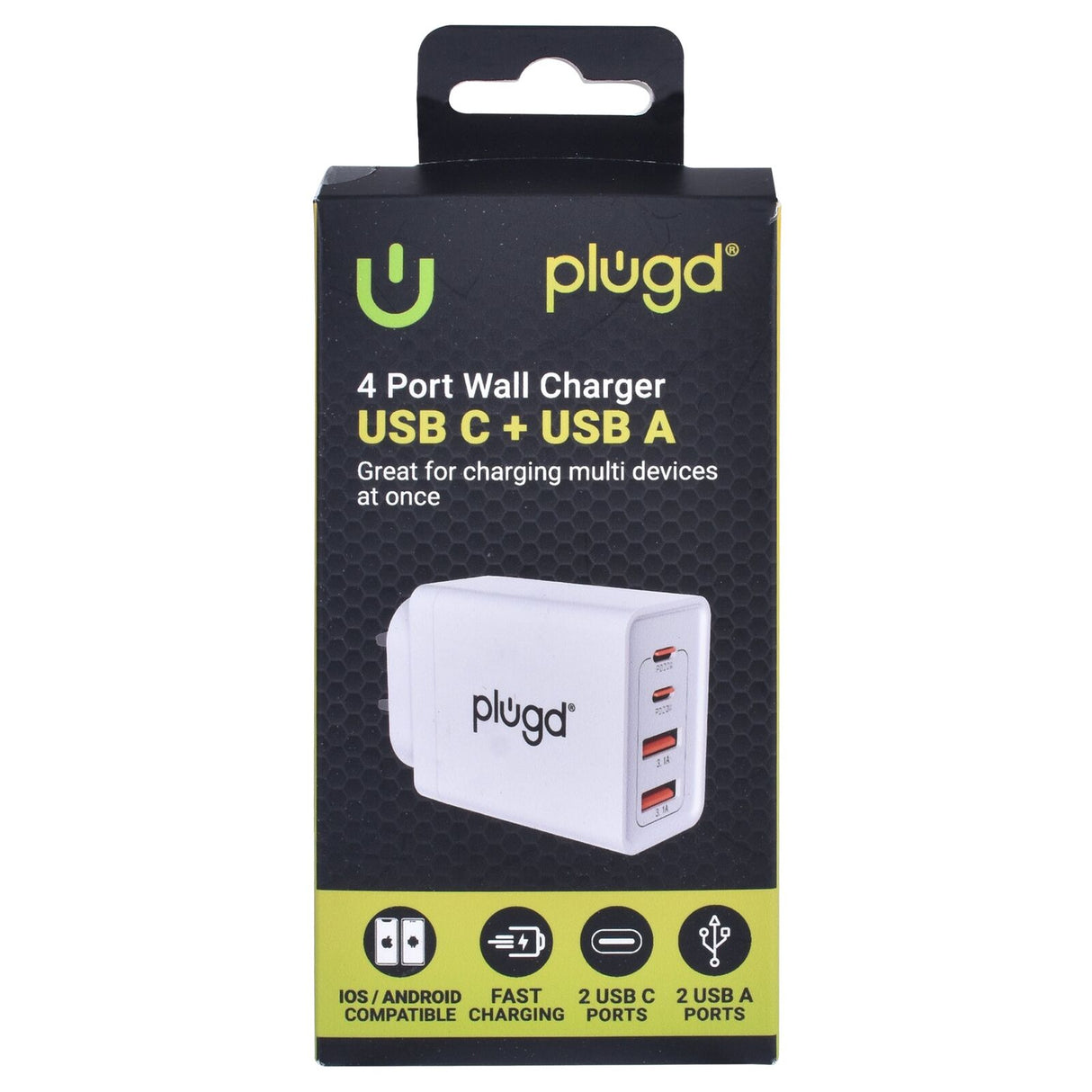 Plugd 4 40W Wall Port Adapter Phone & Laptop Charger USB C & USB A Fast Charging