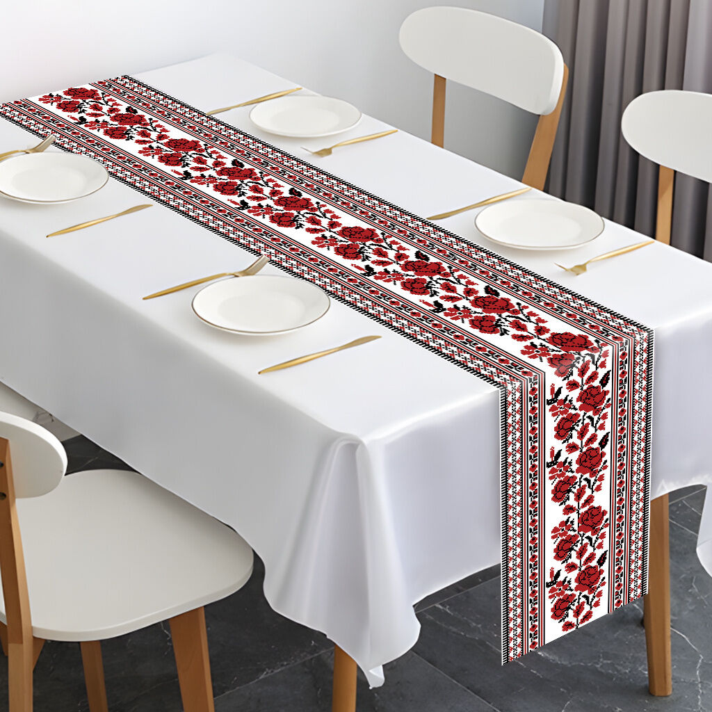 Ukrainian Table Runner – Folk Traditional Print in White, Black & Red (180x35cm)